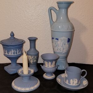 VTG Avon Avonshire Blue Set of 6 Collectable Grecian Wedgewood Porcelain Bottles